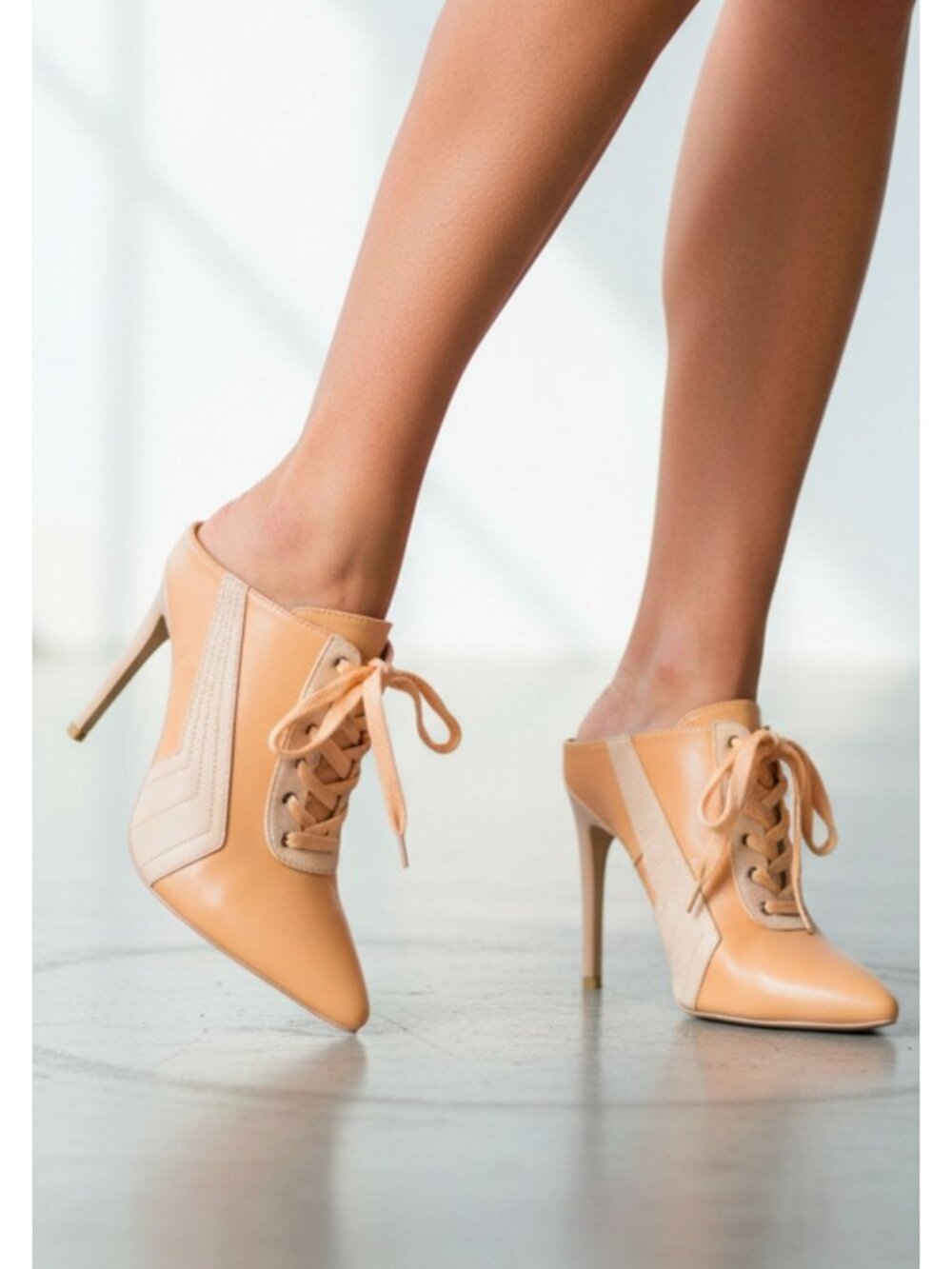 Nude Lace-Up Pointed Toe Stiletto Heels For Women